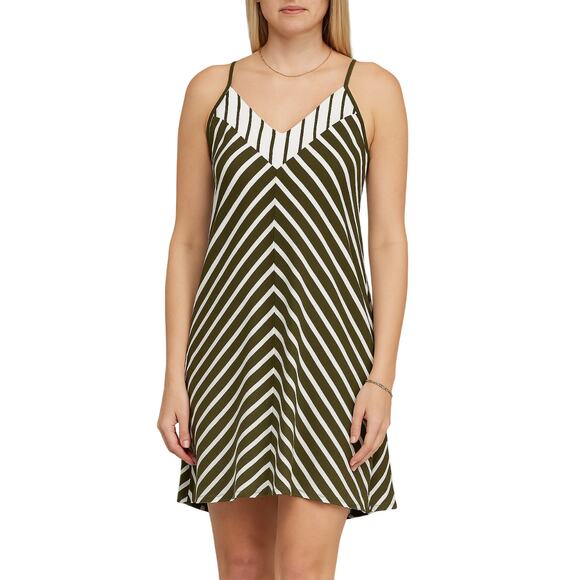 Laila Jayde Mitered Striped Racerback Mini Dress Olive Natural NWT Size Medium - Picture 1 of 7